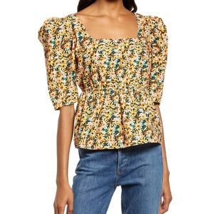 Melrose and Market Nordstrom Yellow Pink & Green Floral Square Neck Cotton Top